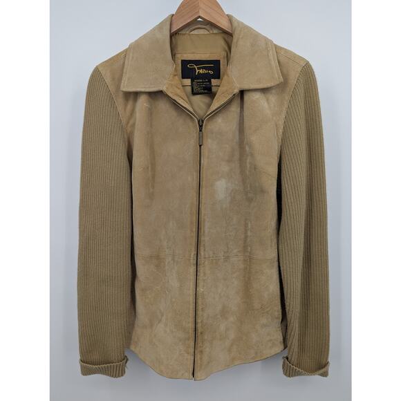 Vintage Fabio Women’s Large Tan Suede Leather Jacket Knit Sleeves Zip Front - Picture 2 of 6